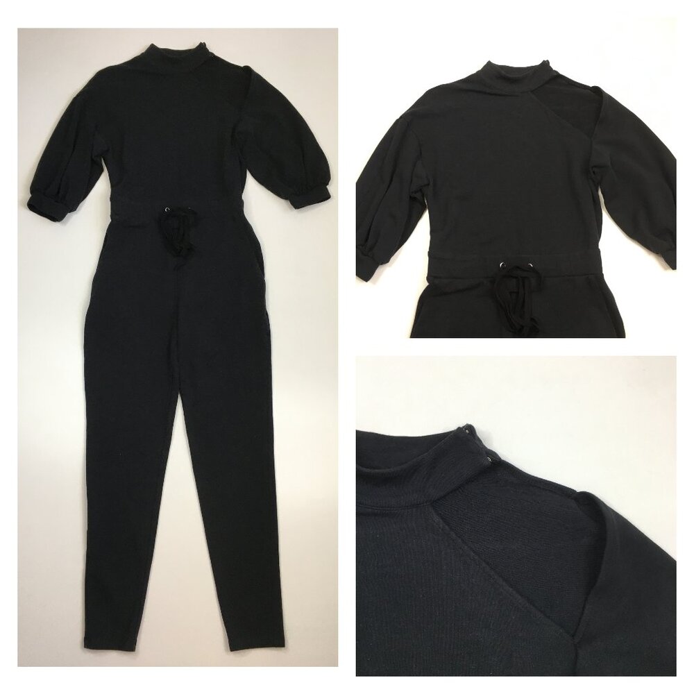 BEBE Black Mock Neck Cut Out Short Sleeve Drawstring Waistband Jumpsuit